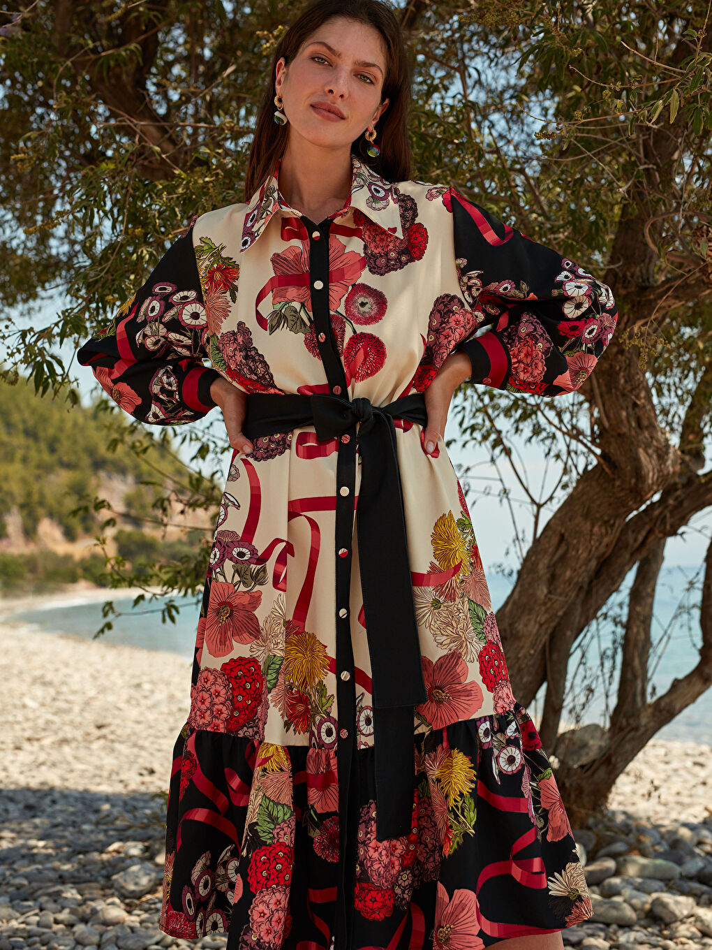 Ekru Çiçekli Kadın Gömlek Elbise