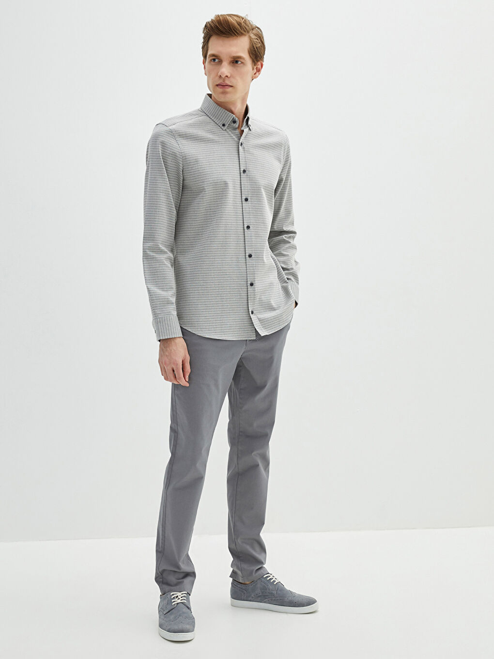 Gri Slim Fit Uzun Kollu Gabardin Erkek Gömlek-2