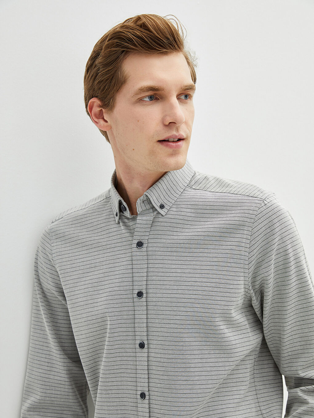 Gri Slim Fit Uzun Kollu Gabardin Erkek Gömlek-3