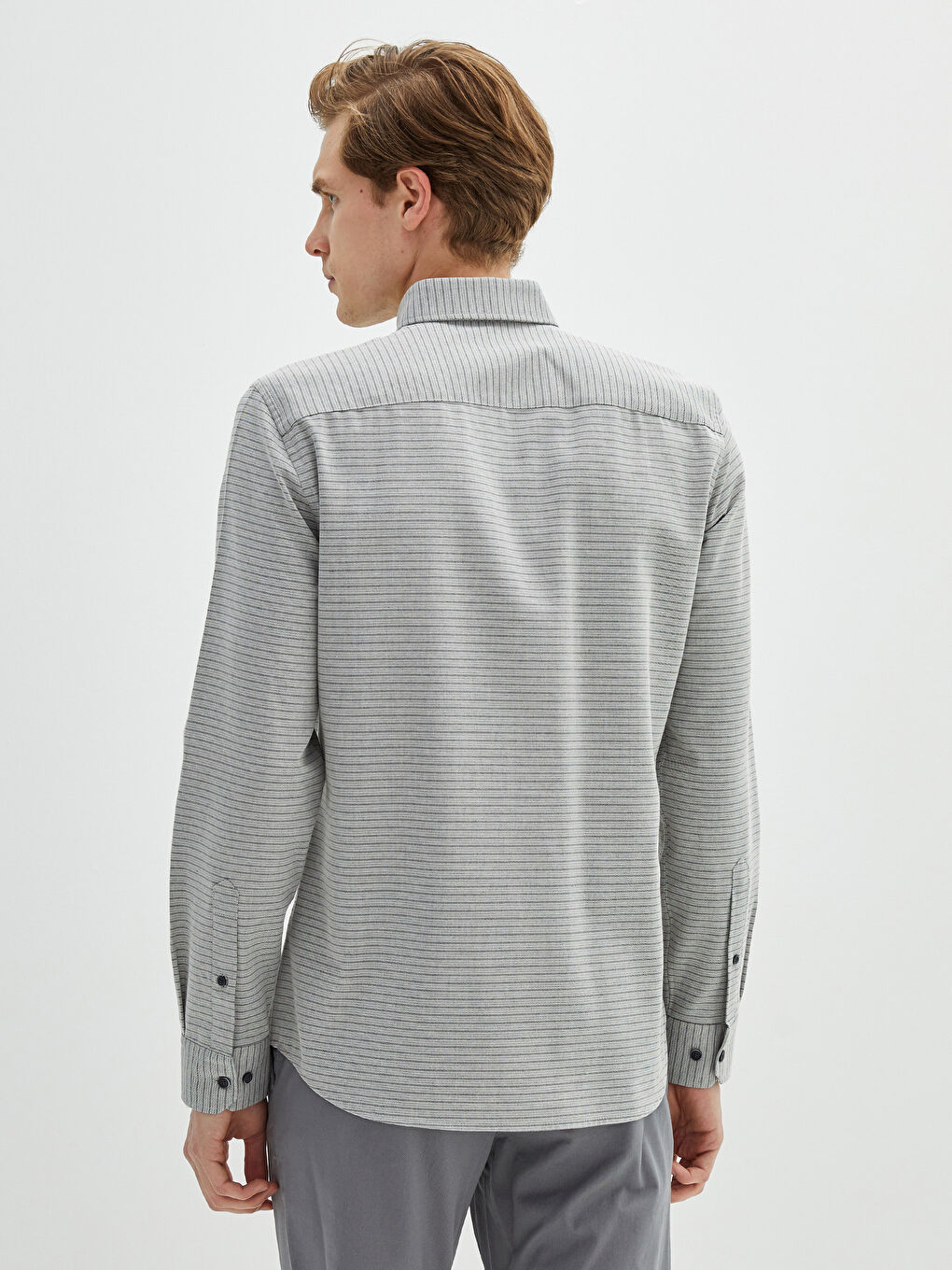 Gri Slim Fit Uzun Kollu Gabardin Erkek Gömlek-4