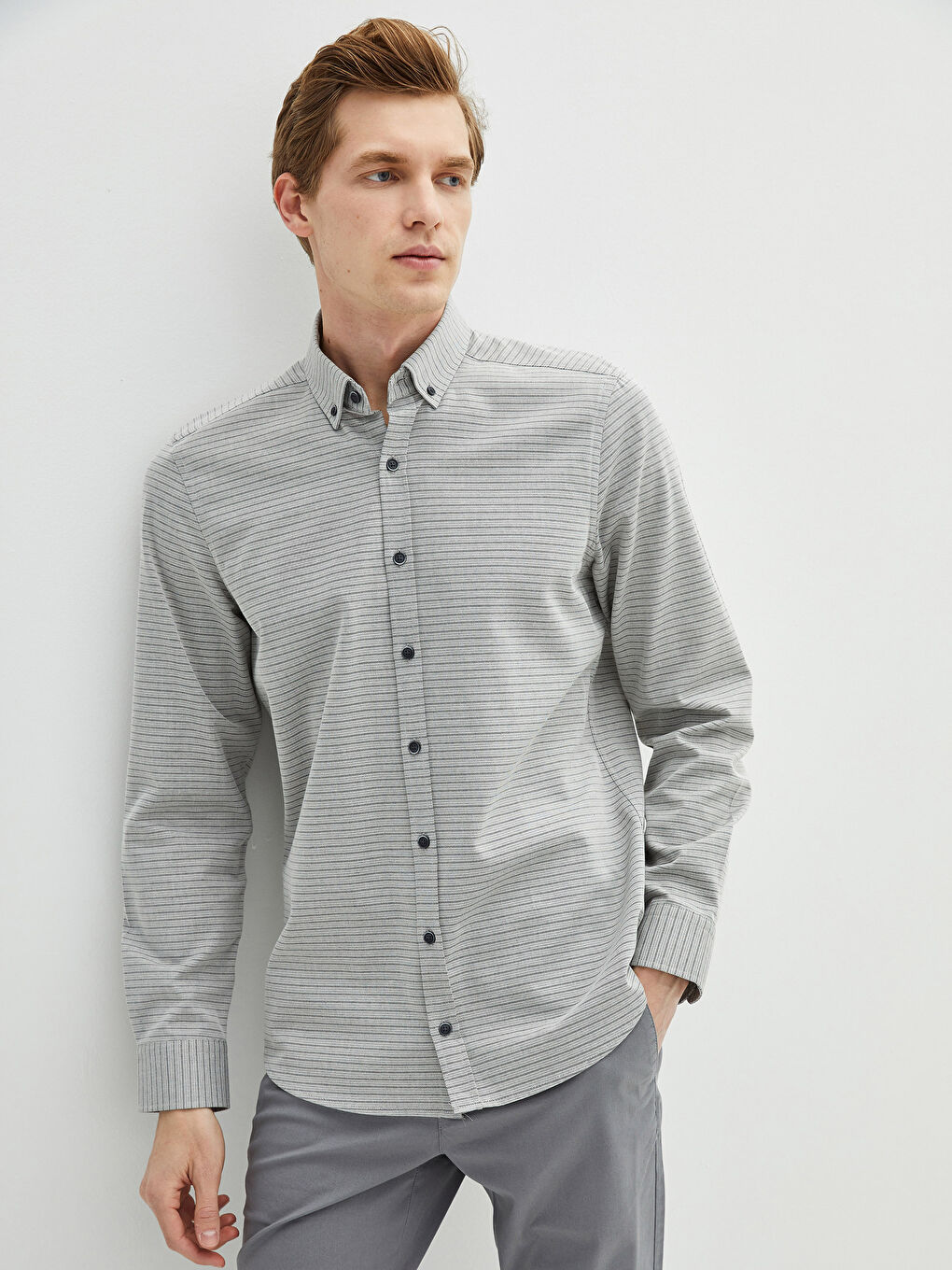 Gri Slim Fit Uzun Kollu Gabardin Erkek Gömlek-5