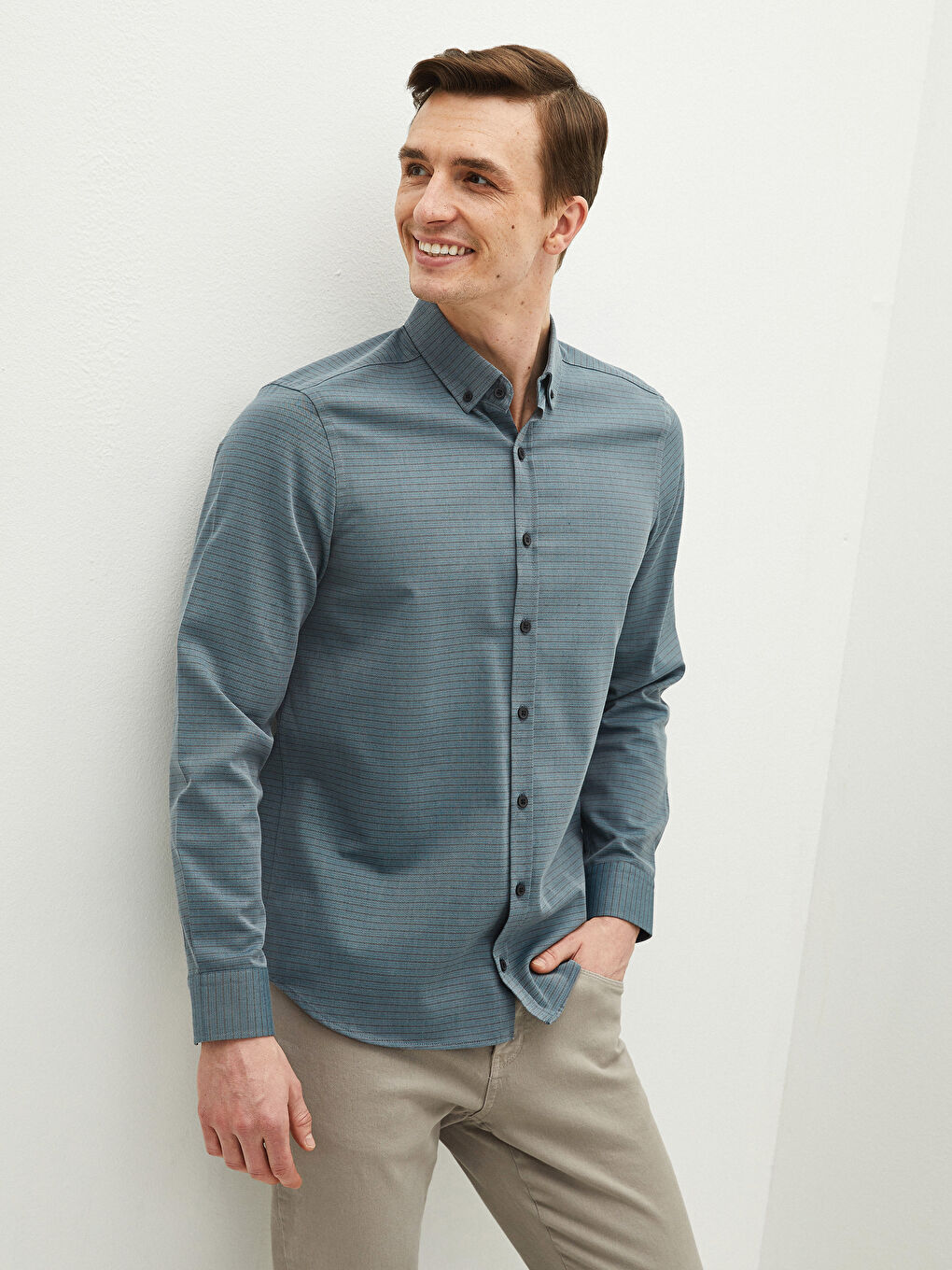 Chemise Gabardine Coupe Svelte Manches Longues Pour Hommes-4