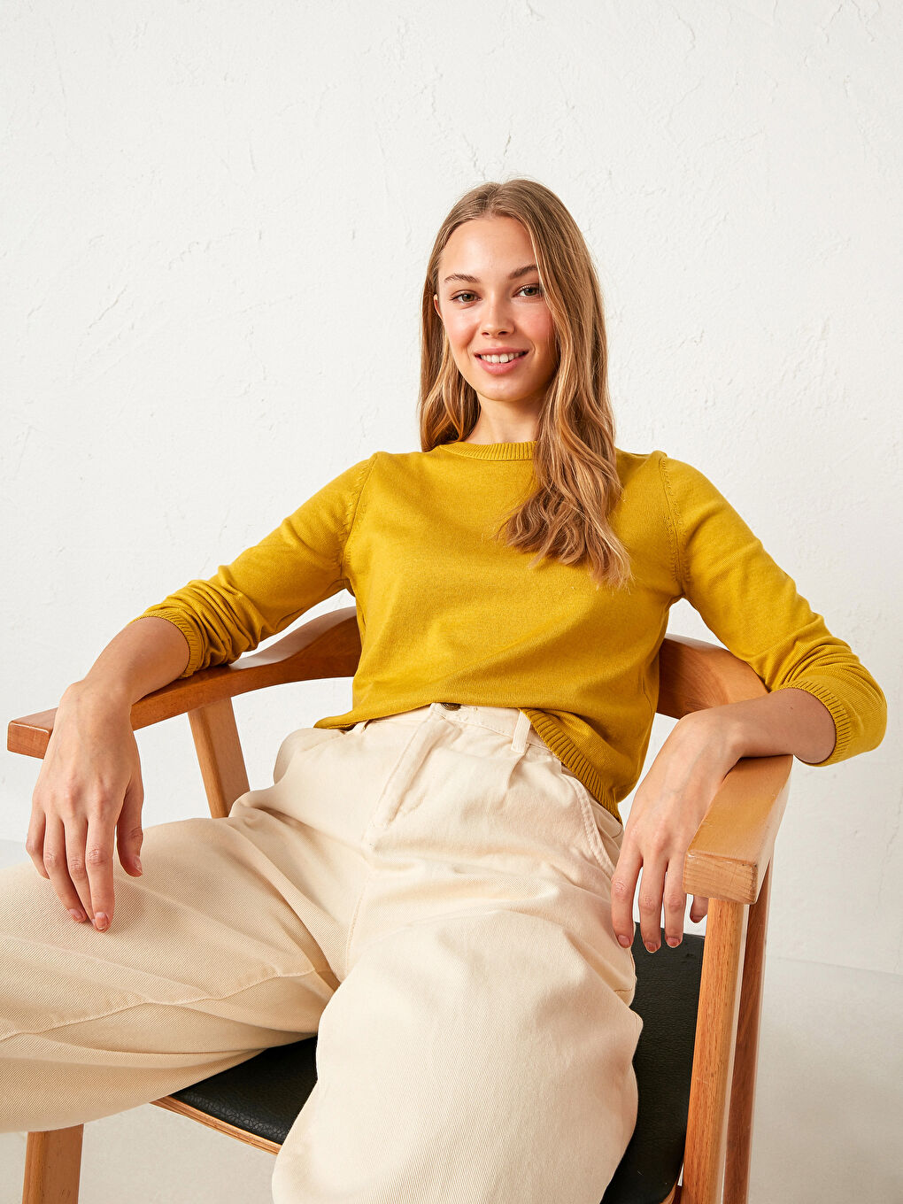 Yeşil Bisiklet Yaka Düz Uzun Kollu Kadın Triko Kazak-2