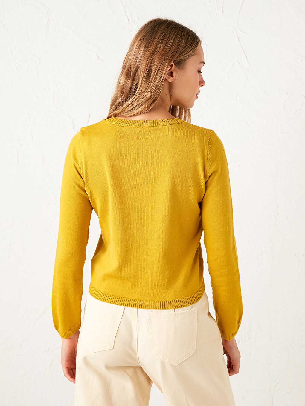 Yeşil Bisiklet Yaka Düz Uzun Kollu Kadın Triko Kazak-3