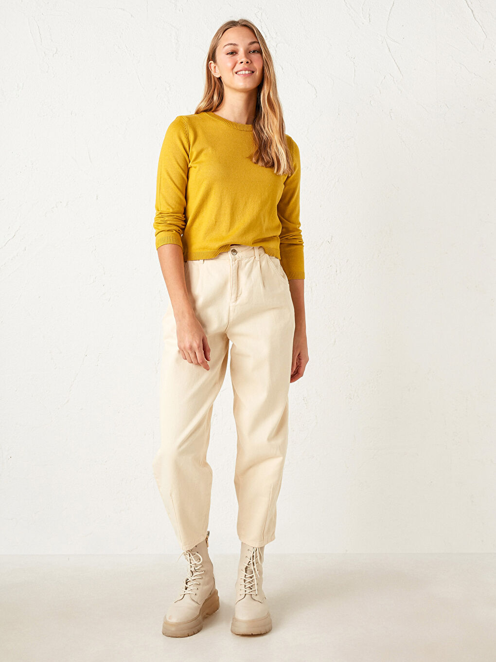 Yeşil Bisiklet Yaka Düz Uzun Kollu Kadın Triko Kazak-4