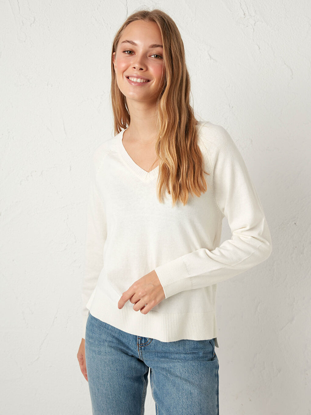 Ekru V Yaka Basic Triko Kazak-1