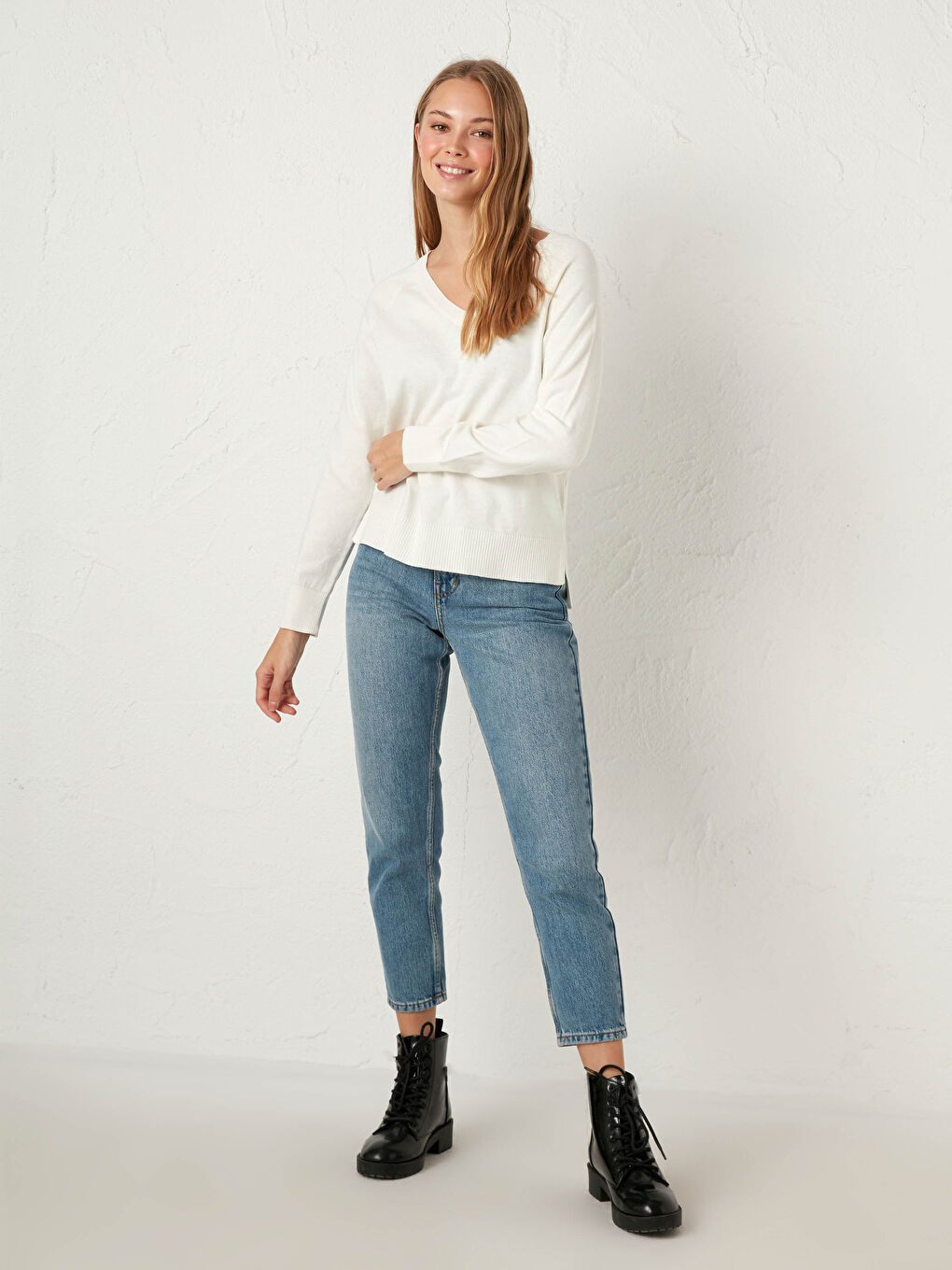 Ekru V Yaka Basic Triko Kazak-4