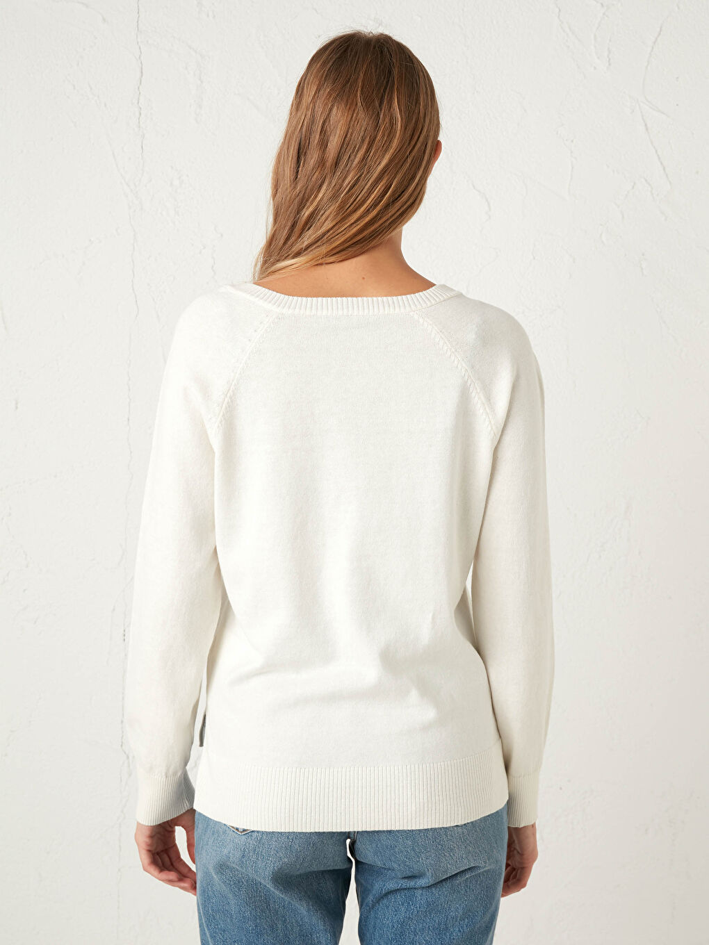 Ekru V Yaka Basic Triko Kazak-5