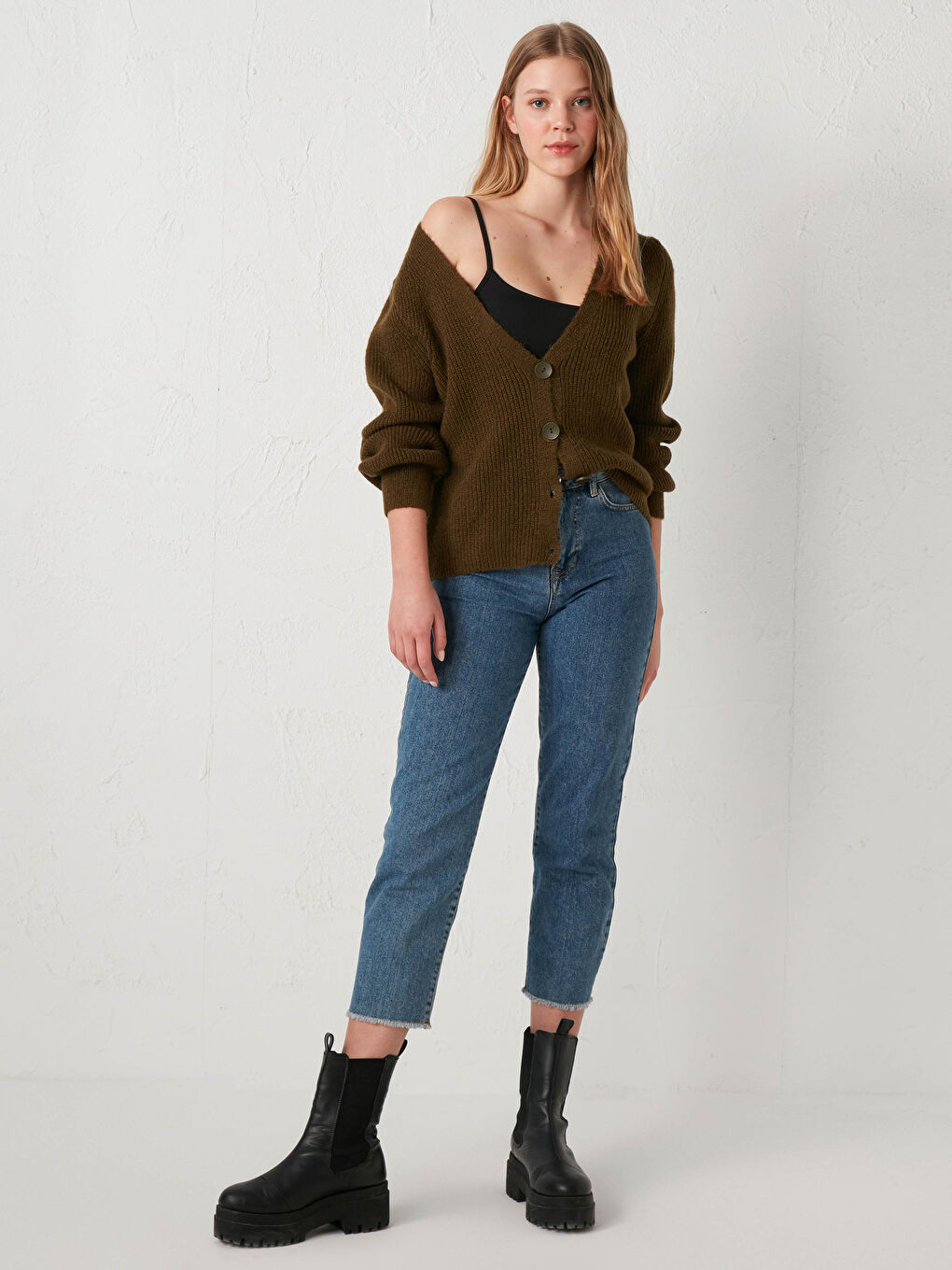 Haki V Yaka Uzun Kollu Kadın Triko Hırka-2