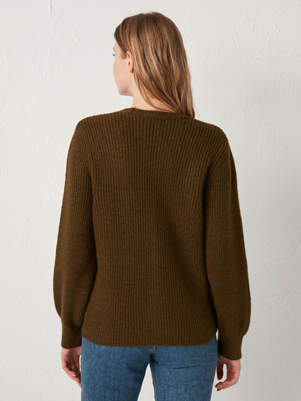 Haki V Yaka Uzun Kollu Kadın Triko Hırka-3