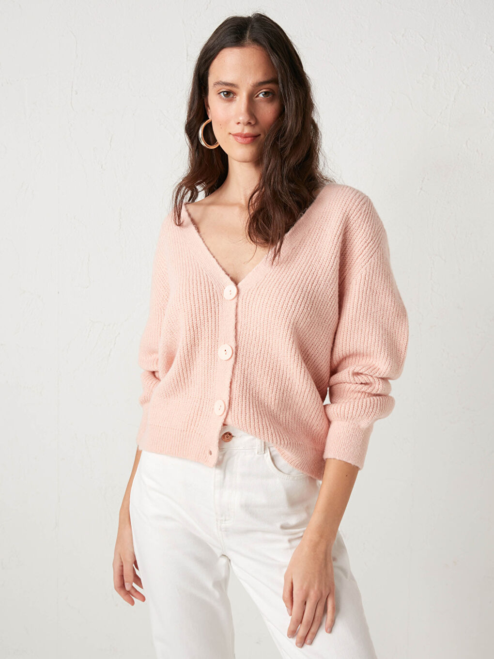 Pembe V Yaka Uzun Kollu Kadın Triko Hırka-3