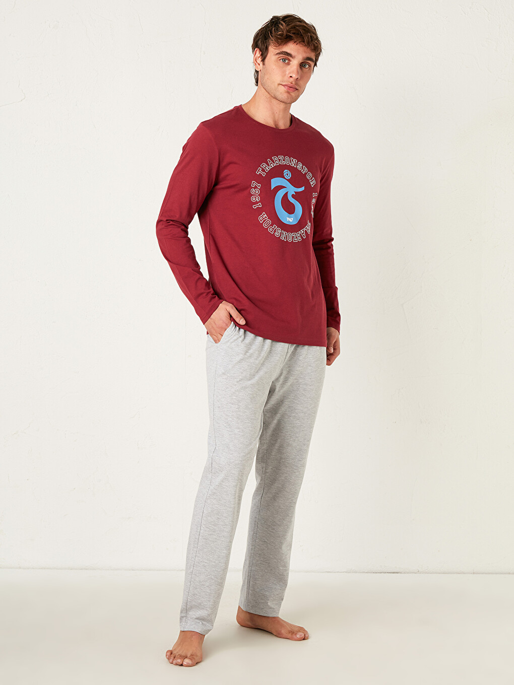 Bordo Standart Kalıp Trabzonspor Baskılı Erkek Taraftar Pijama Takımı-1