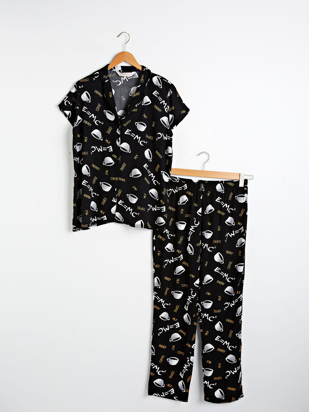 Siyah Baskılı Viskon Pijama Takımı-4