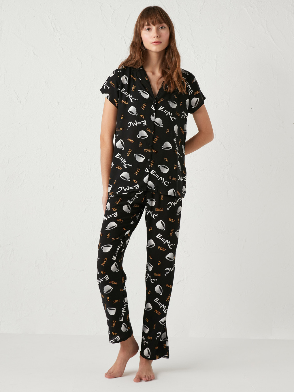 Siyah Baskılı Viskon Pijama Takımı