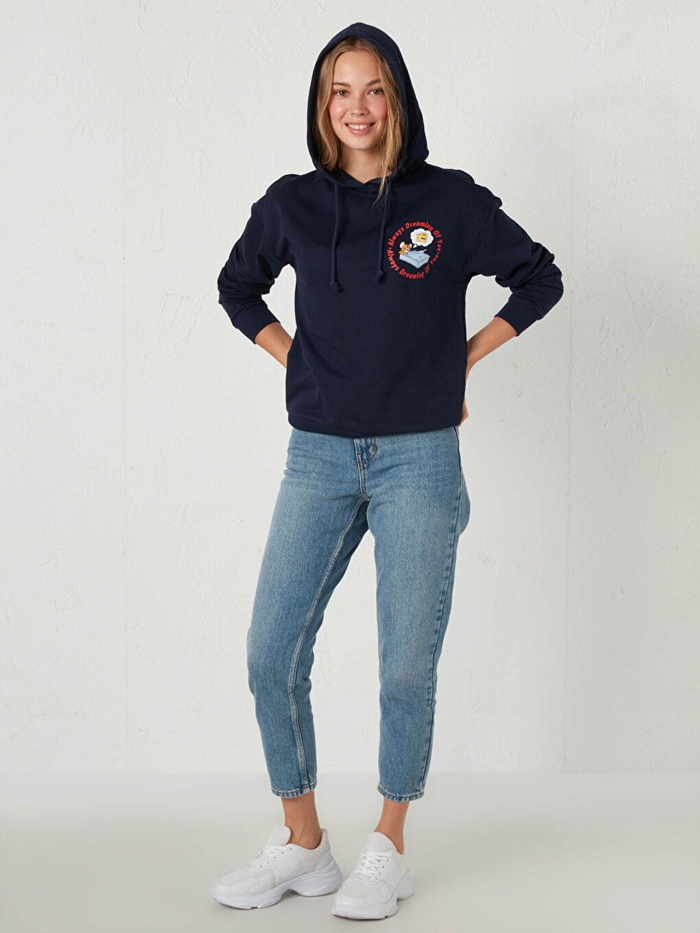Lacivert Kapüşonlu Baskılı Sweatshirt-2