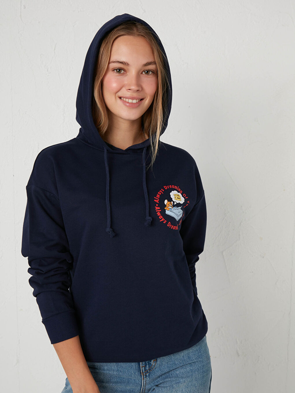 Lacivert Kapüşonlu Baskılı Sweatshirt