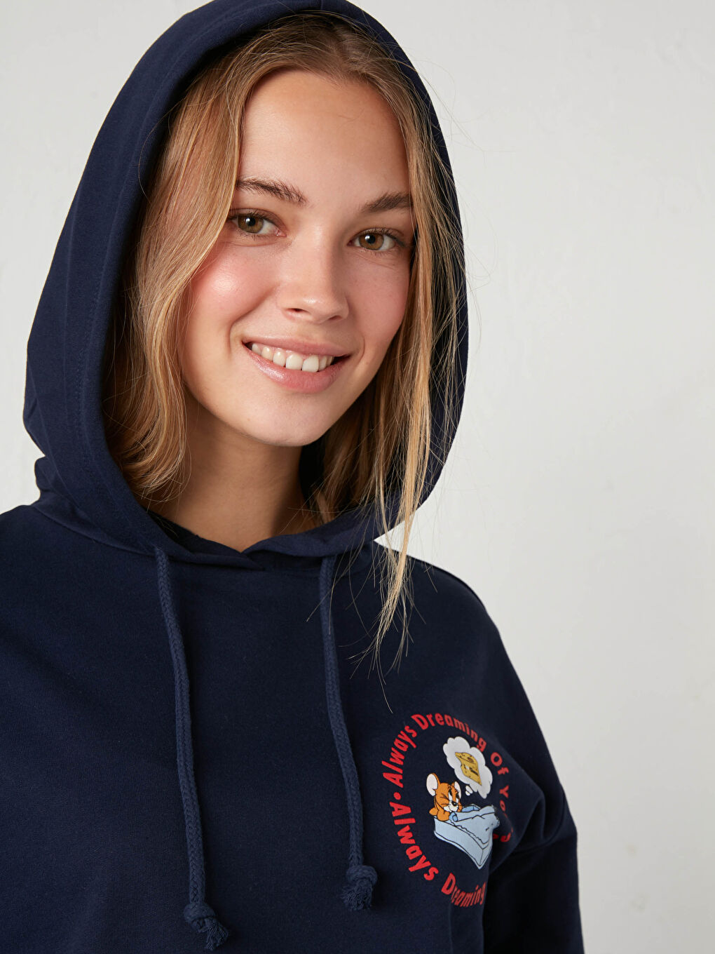 Lacivert Kapüşonlu Baskılı Sweatshirt-1