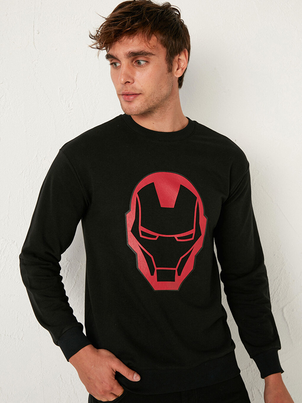 Siyah İron Man Baskılı İnce Sweatshirt