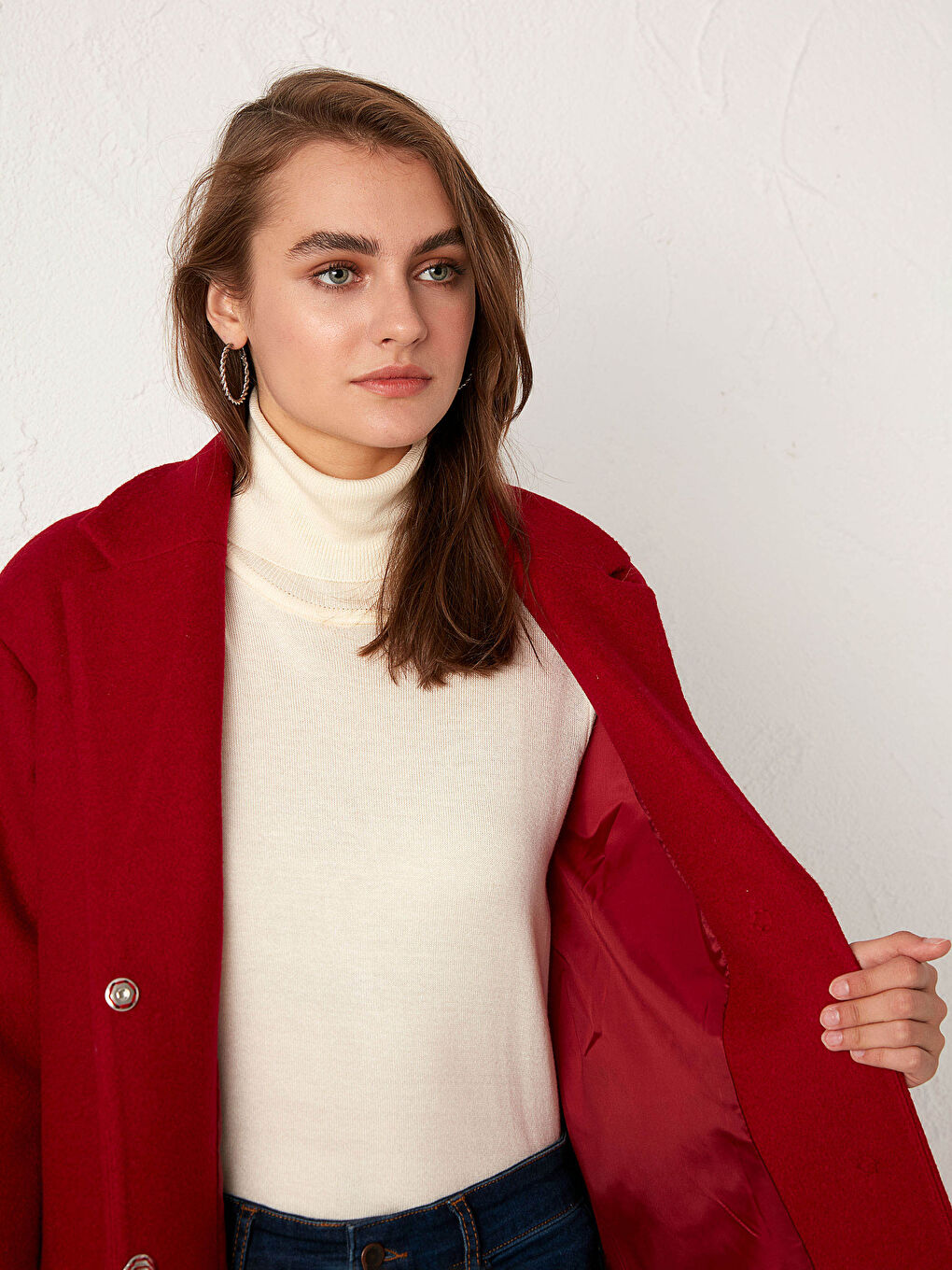 Kırmızı Ceket Yaka Uzun Kollu Kadın Kaşe Kaban-4