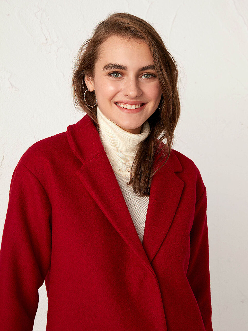 Kırmızı Ceket Yaka Uzun Kollu Kadın Kaşe Kaban-5