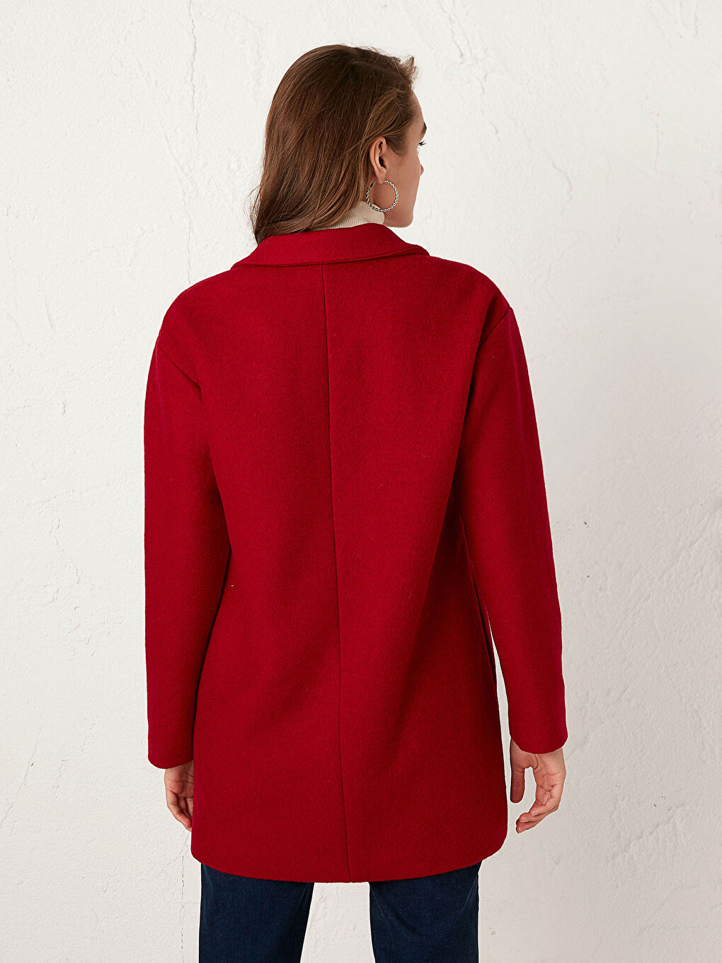 Kırmızı Ceket Yaka Uzun Kollu Kadın Kaşe Kaban-6