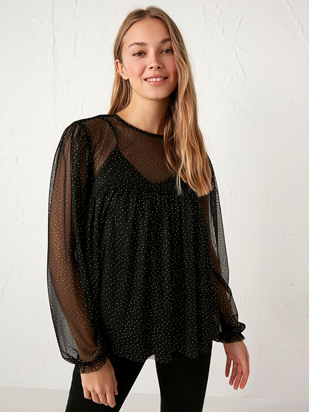Siyah Puantiyeli Şifon Bluz