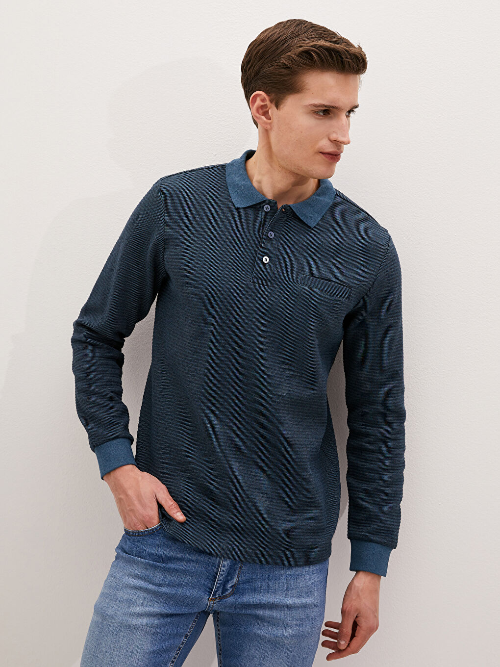 Petrol Polo Yaka Uzun Kollu Erkek Tişört-4