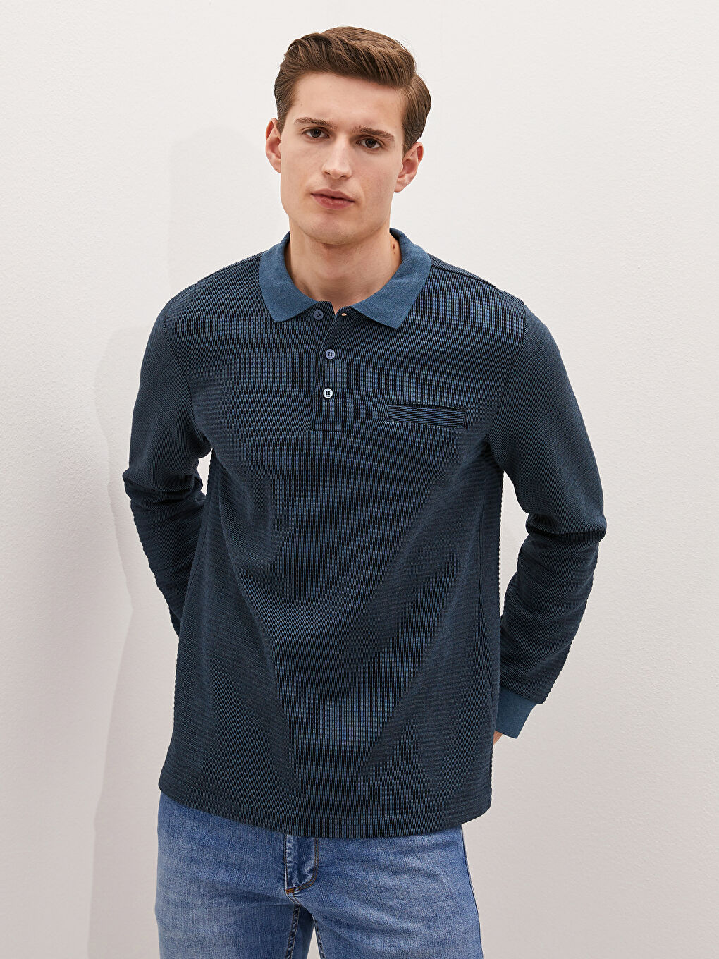 Petrol Polo Yaka Uzun Kollu Erkek Tişört