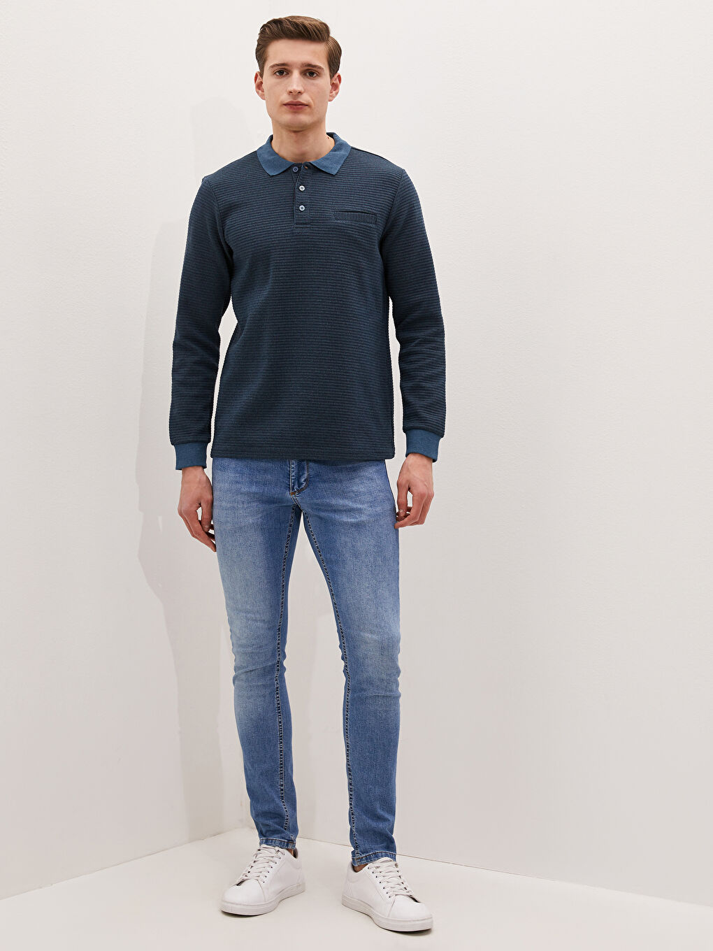 Petrol Polo Yaka Uzun Kollu Erkek Tişört-1