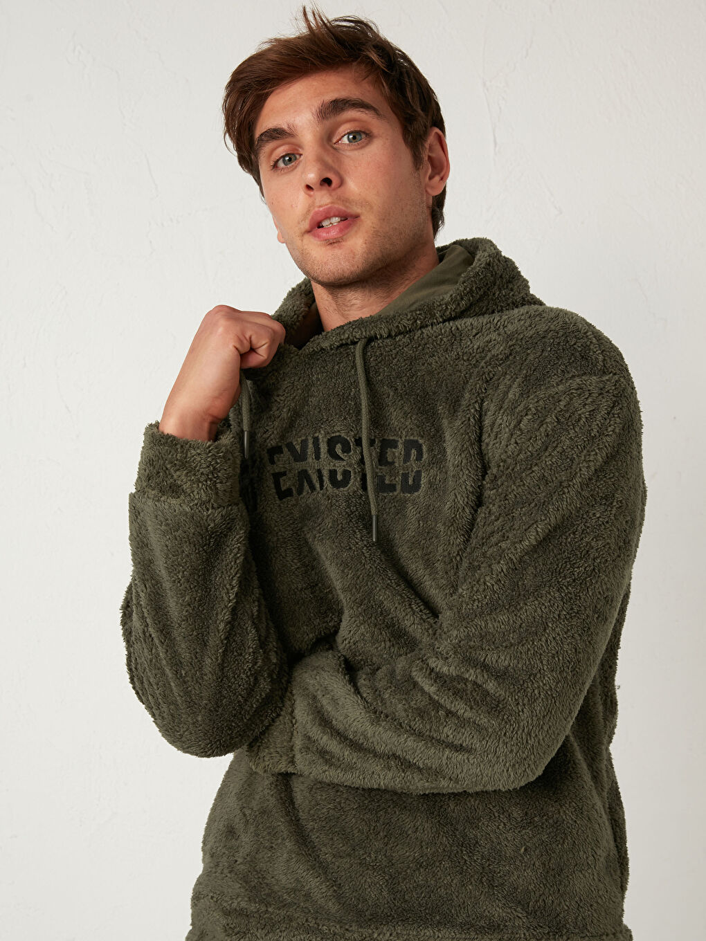 Haki Kalın Pelüş Hoodie-1