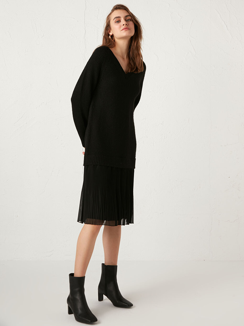 Плиссе детальді трикотаж көйлек-1