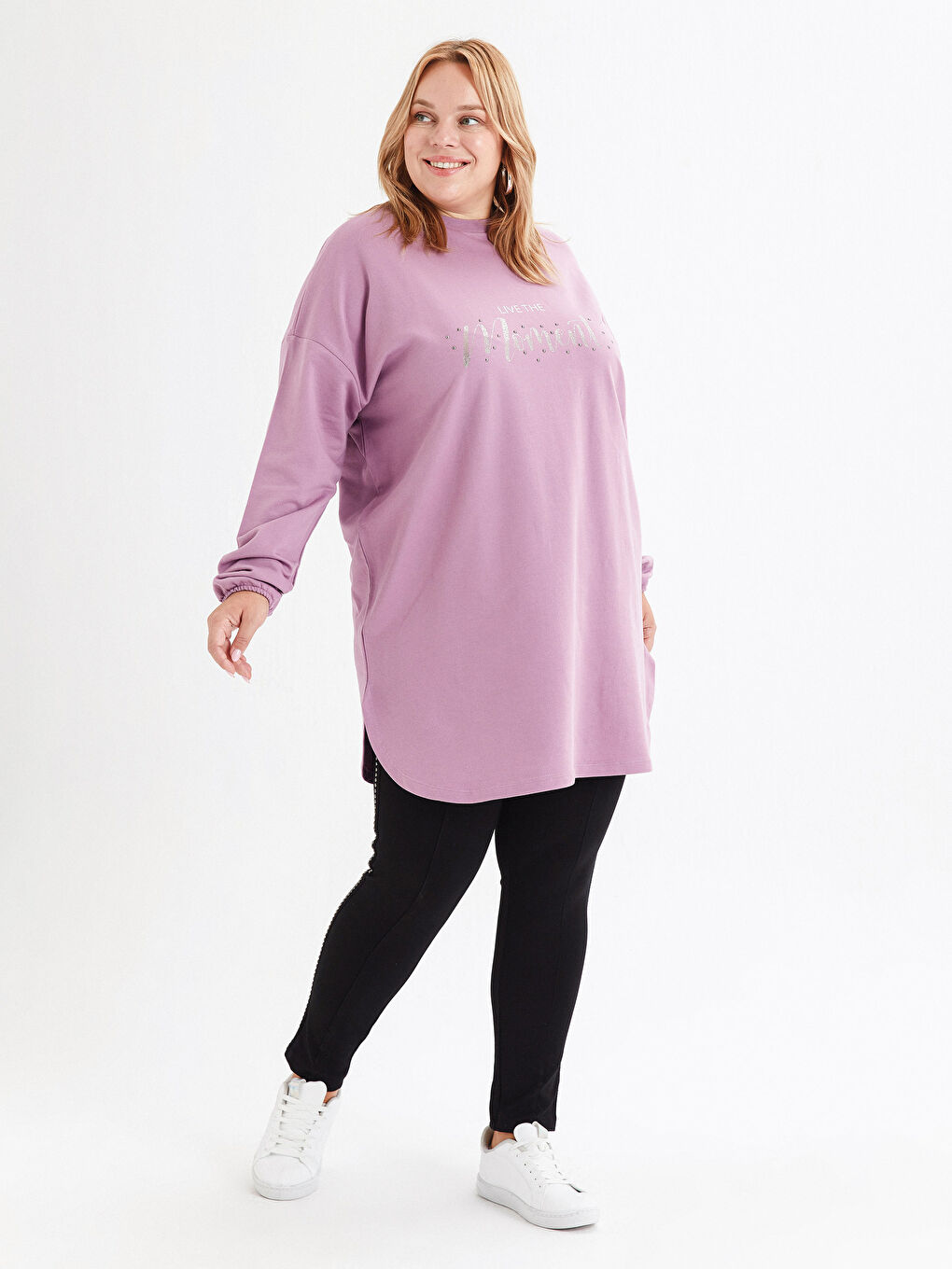 Lila Işıltılı Yazı Baskılı Kadın Sweatshirt Tunik-4