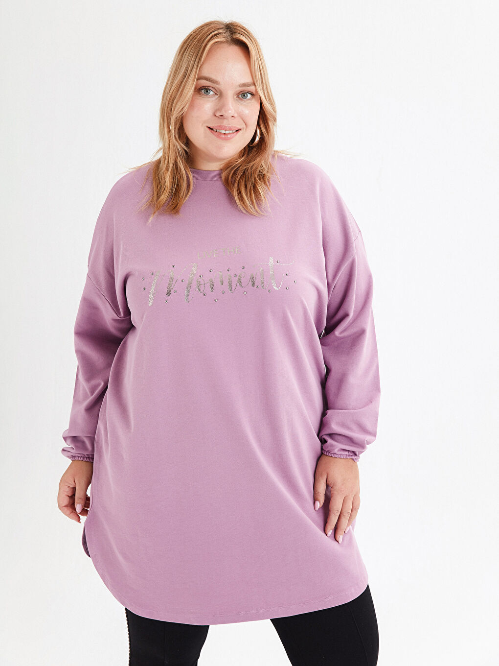 Lila Işıltılı Yazı Baskılı Kadın Sweatshirt Tunik