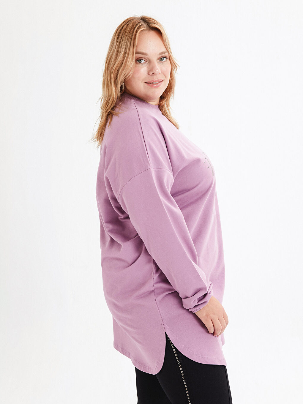Lila Işıltılı Yazı Baskılı Kadın Sweatshirt Tunik-1