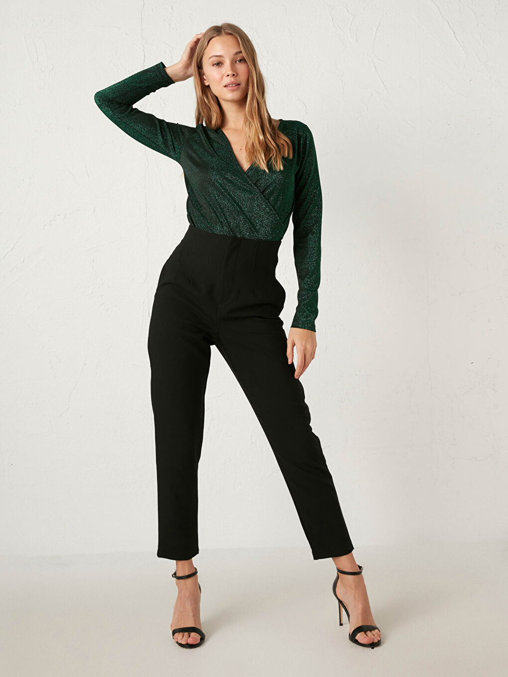 Yeşil Kruvaze Yaka Işıltılı Bodysuit-1