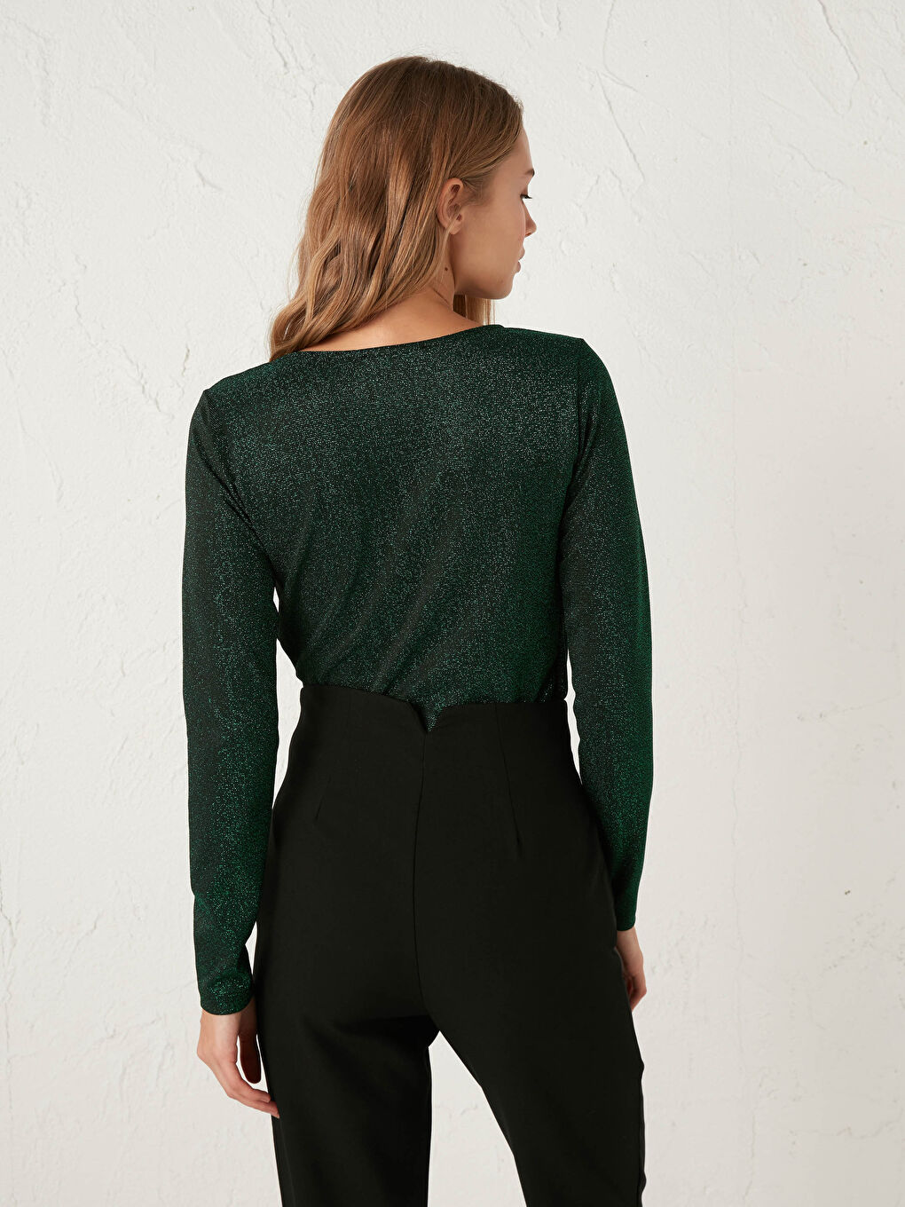 Yeşil Kruvaze Yaka Işıltılı Bodysuit-3