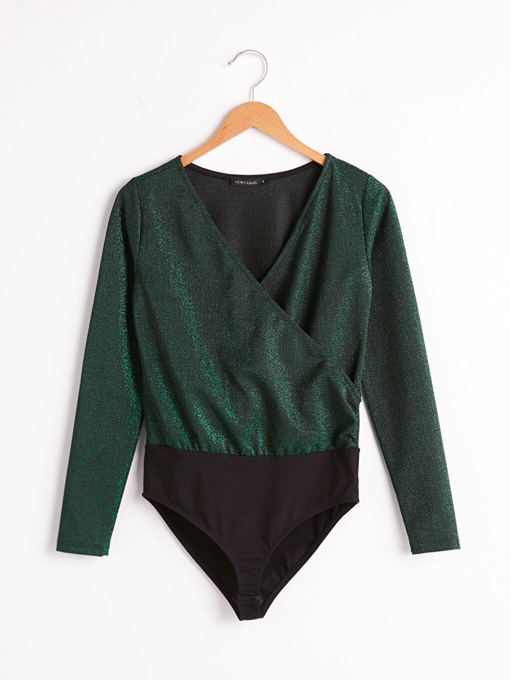 Yeşil Kruvaze Yaka Işıltılı Bodysuit-4