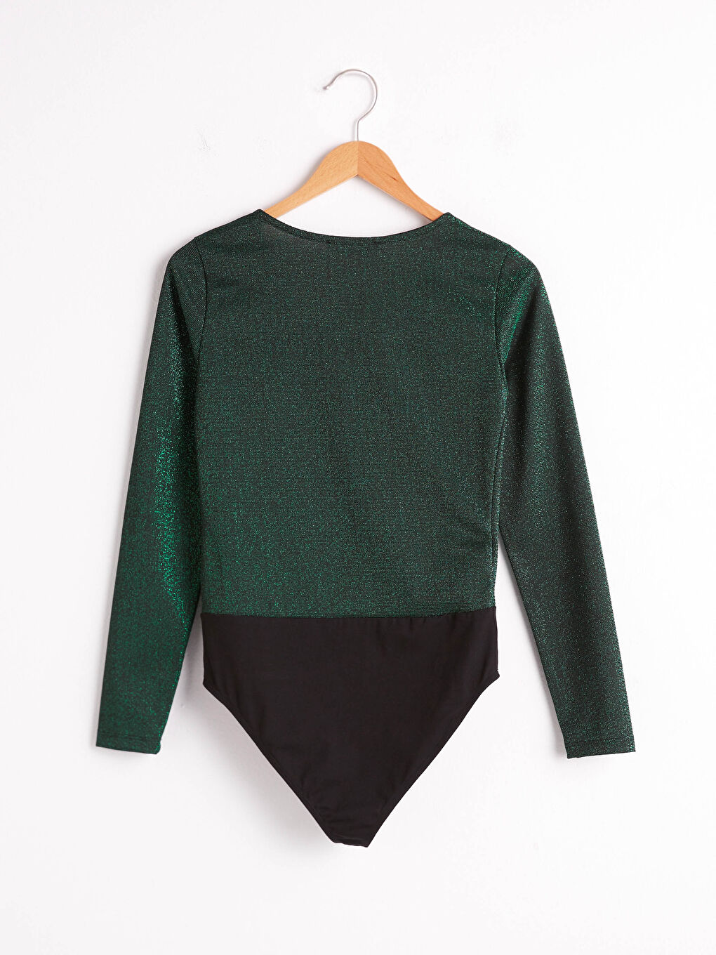 Yeşil Kruvaze Yaka Işıltılı Bodysuit-5