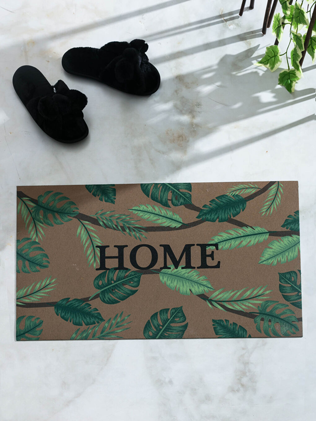 Yeşil Botanik Baskılı Kapı Önü Paspası