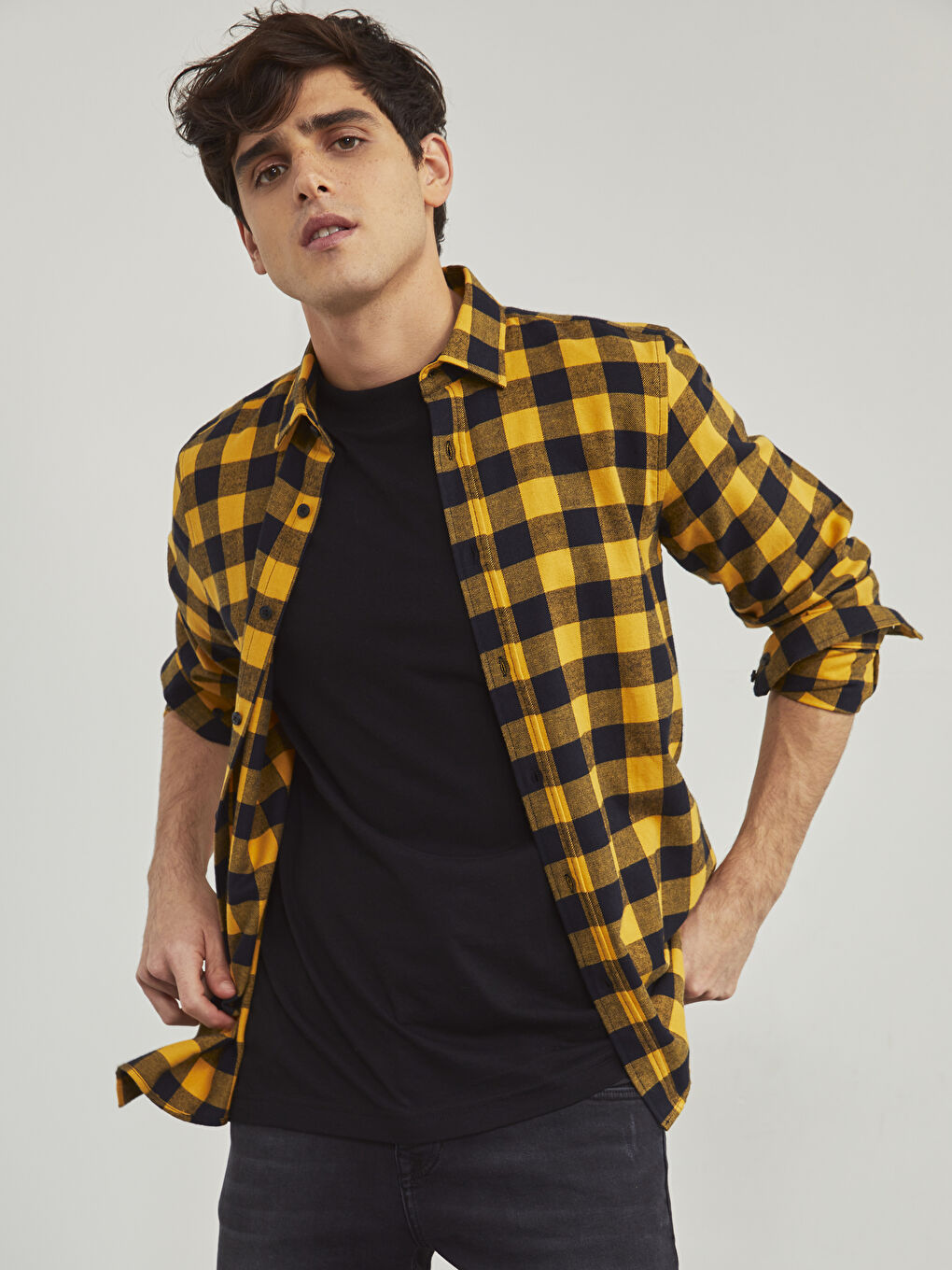 Slim Fit Long Sleeve Plaid Flannel Shirt-10