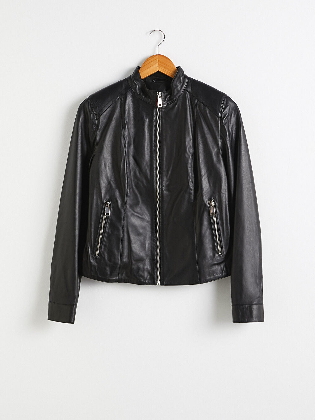 معطف جلد طبيعي بياقة علوية-7