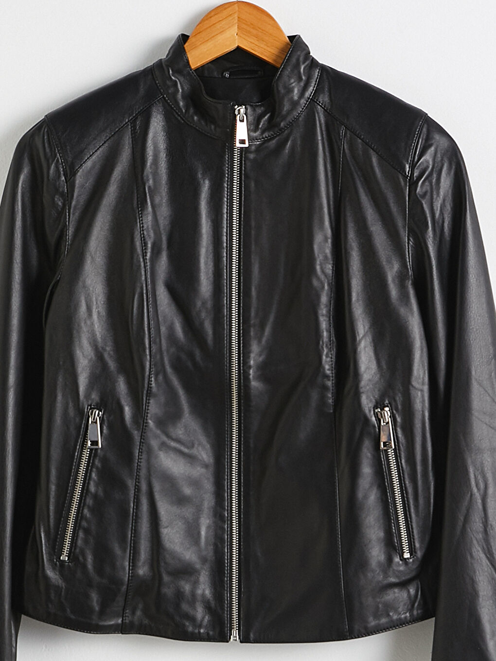 معطف جلد طبيعي بياقة علوية-9