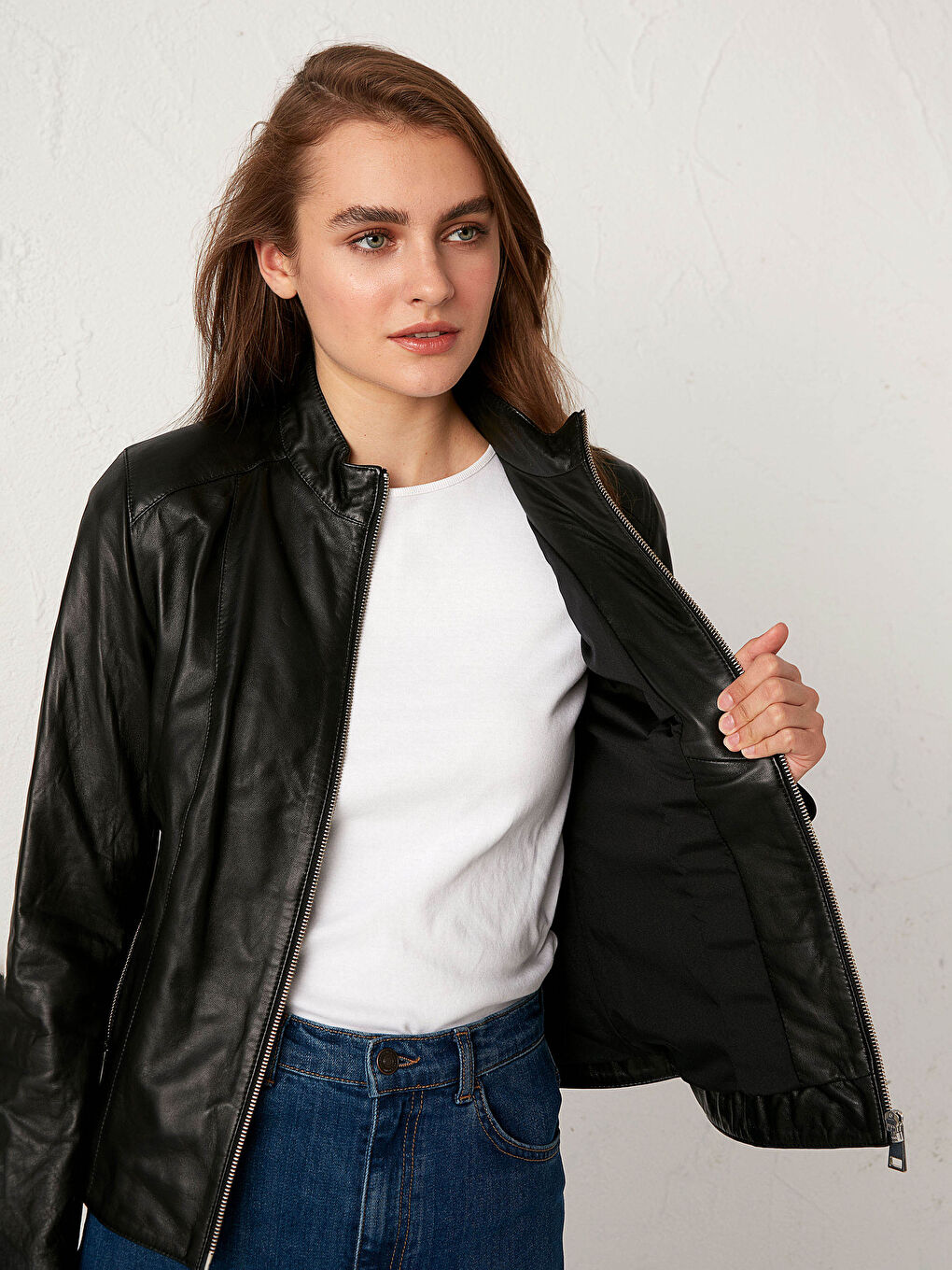 معطف جلد طبيعي بياقة علوية-4