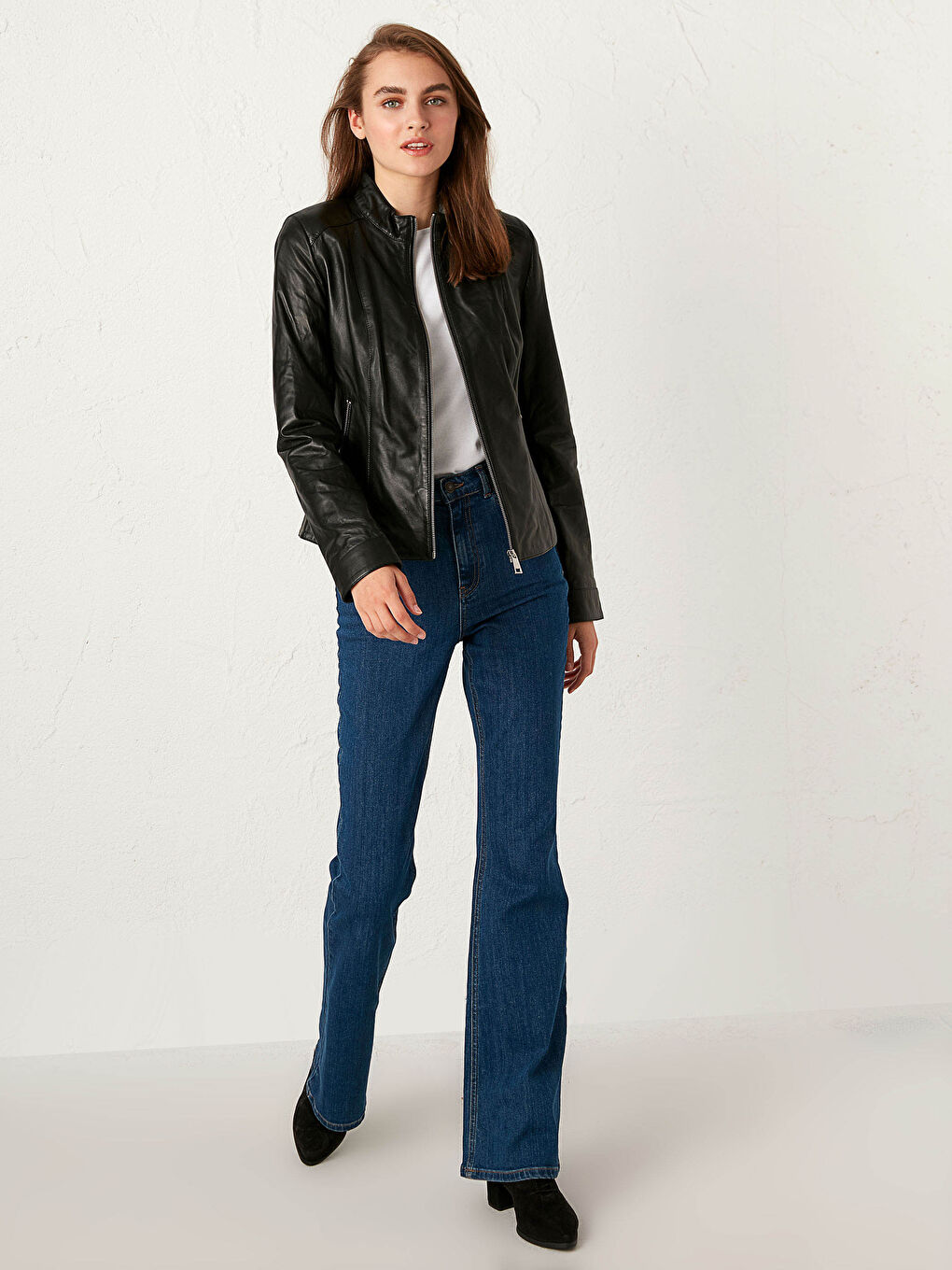 معطف جلد طبيعي بياقة علوية-1