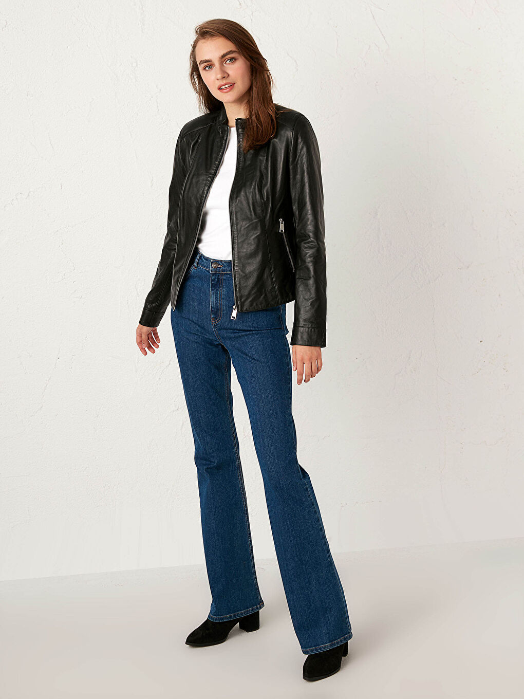 معطف جلد طبيعي بياقة علوية-2