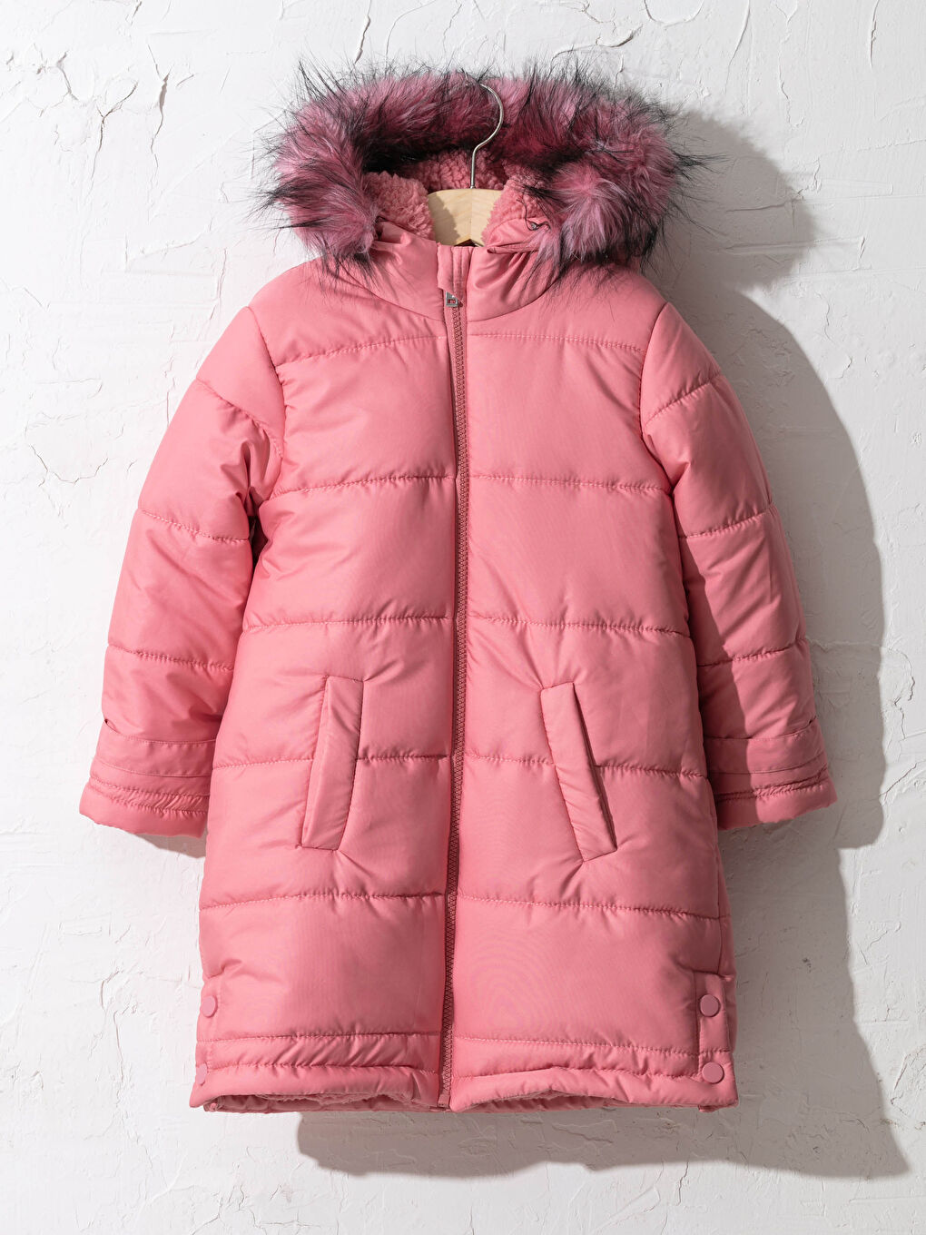 Pembe Kız Çocuk Kapüşonlu Kalın Kaban
