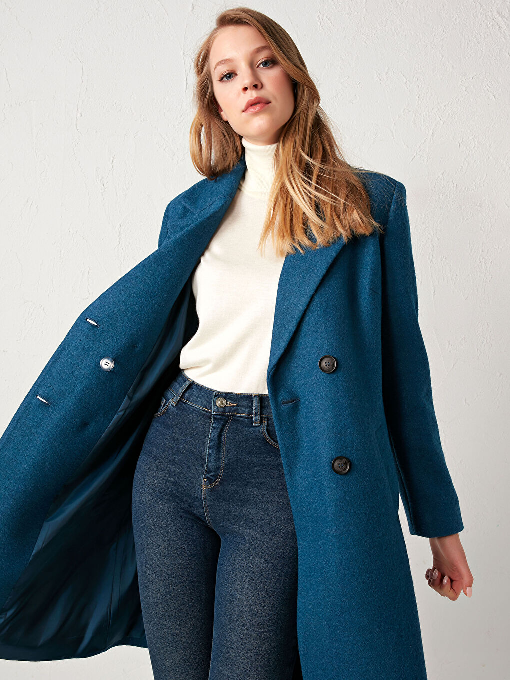 Petrol Ceket Yaka Uzun Kollu Kadın Kaşe Kaban