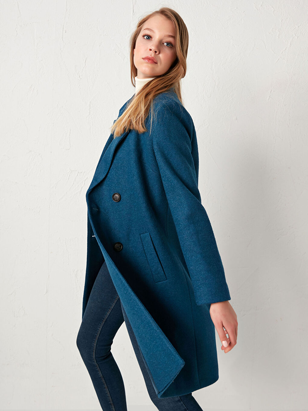 Petrol Ceket Yaka Uzun Kollu Kadın Kaşe Kaban-1