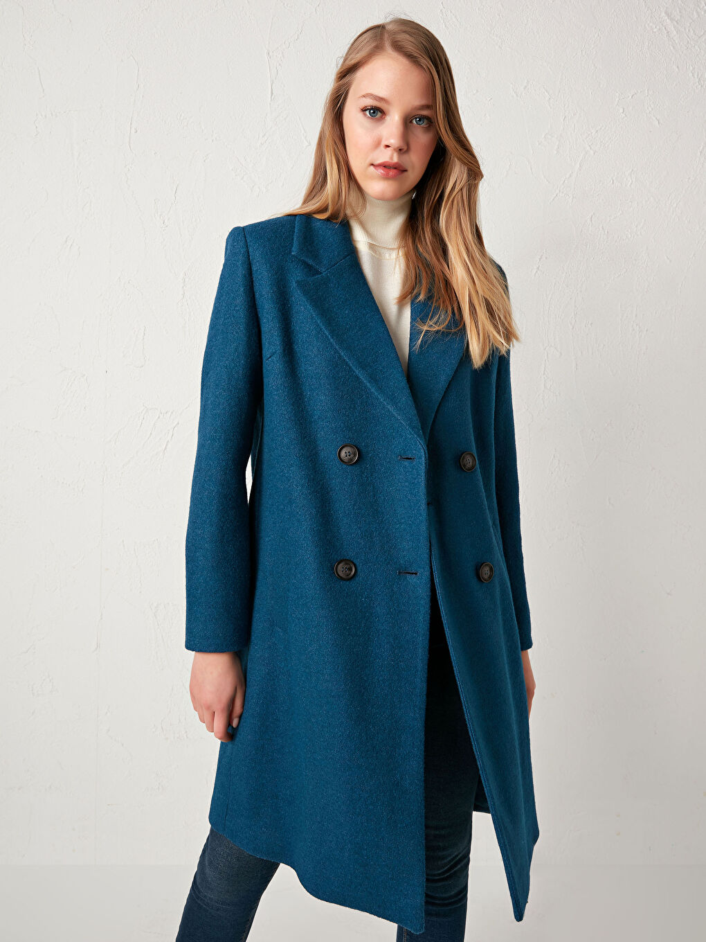 Petrol Ceket Yaka Uzun Kollu Kadın Kaşe Kaban-2