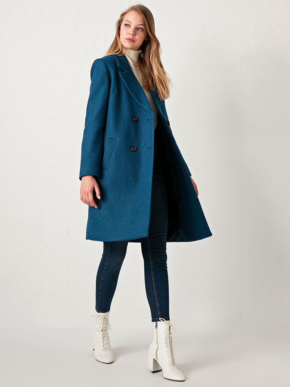 Petrol Ceket Yaka Uzun Kollu Kadın Kaşe Kaban-3